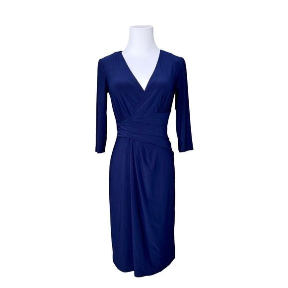 Eliza J Split Front Wrap Navy Blue Heavyweight Knit Jersey A-Line Dress sz 4 - Picture 1 of 14